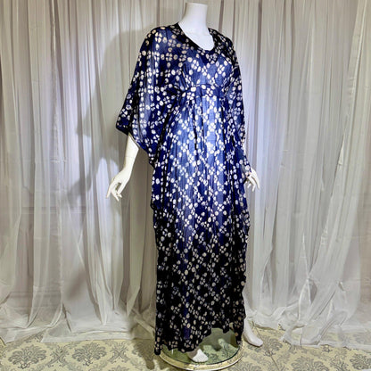 1970s Vintage Cotton Gauze Caftan Dress, Midnight Blue Batik Hippie Boho Maxi