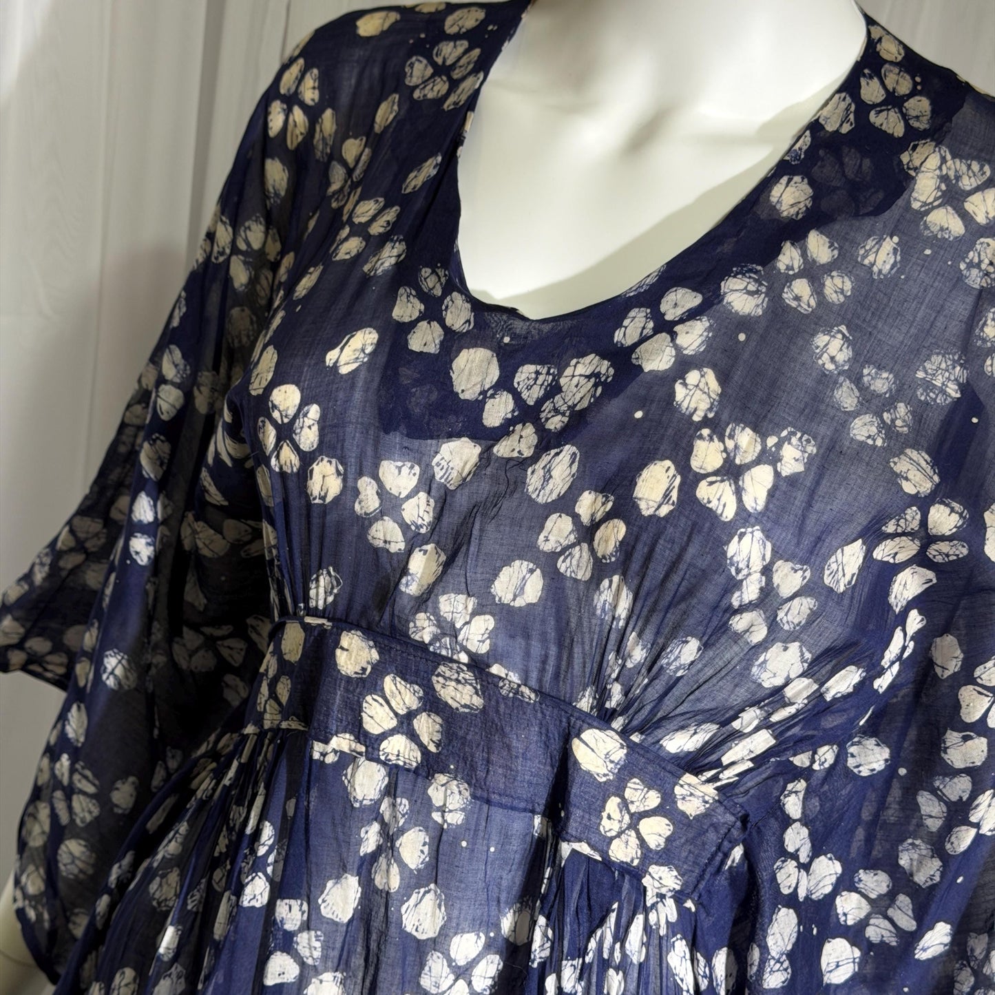 1970s Vintage Cotton Gauze Caftan Dress, Midnight Blue Batik Hippie Boho Maxi