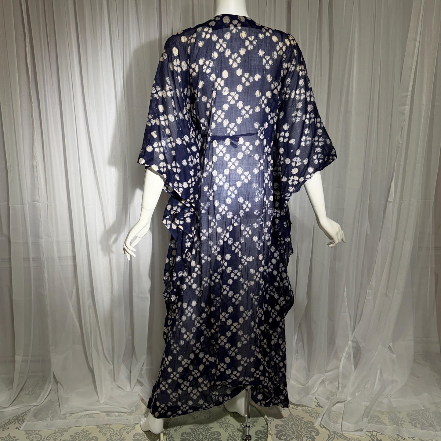 1970s Vintage Cotton Gauze Caftan Dress, Midnight Blue Batik Hippie Boho Maxi