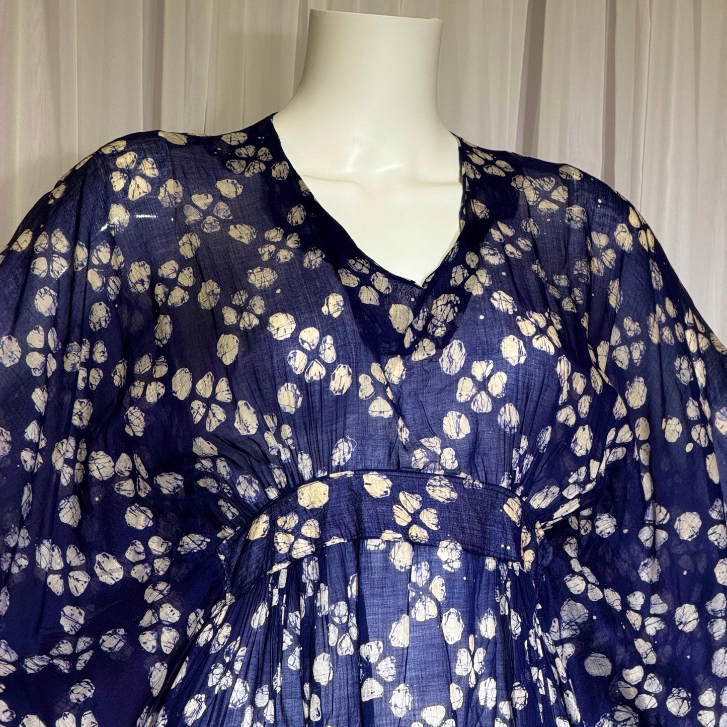 1970s Vintage Cotton Gauze Caftan Dress, Midnight Blue Batik Hippie Boho Maxi