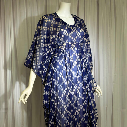 1970s Vintage Cotton Gauze Caftan Dress, Midnight Blue Batik Hippie Boho Maxi