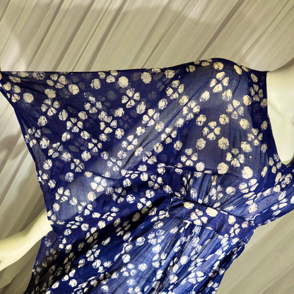 1970s Vintage Cotton Gauze Caftan Dress, Midnight Blue Batik Hippie Boho Maxi