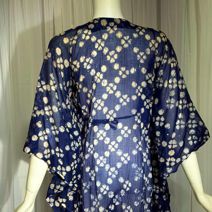 1970s Vintage Cotton Gauze Caftan Dress, Midnight Blue Batik Hippie Boho Maxi