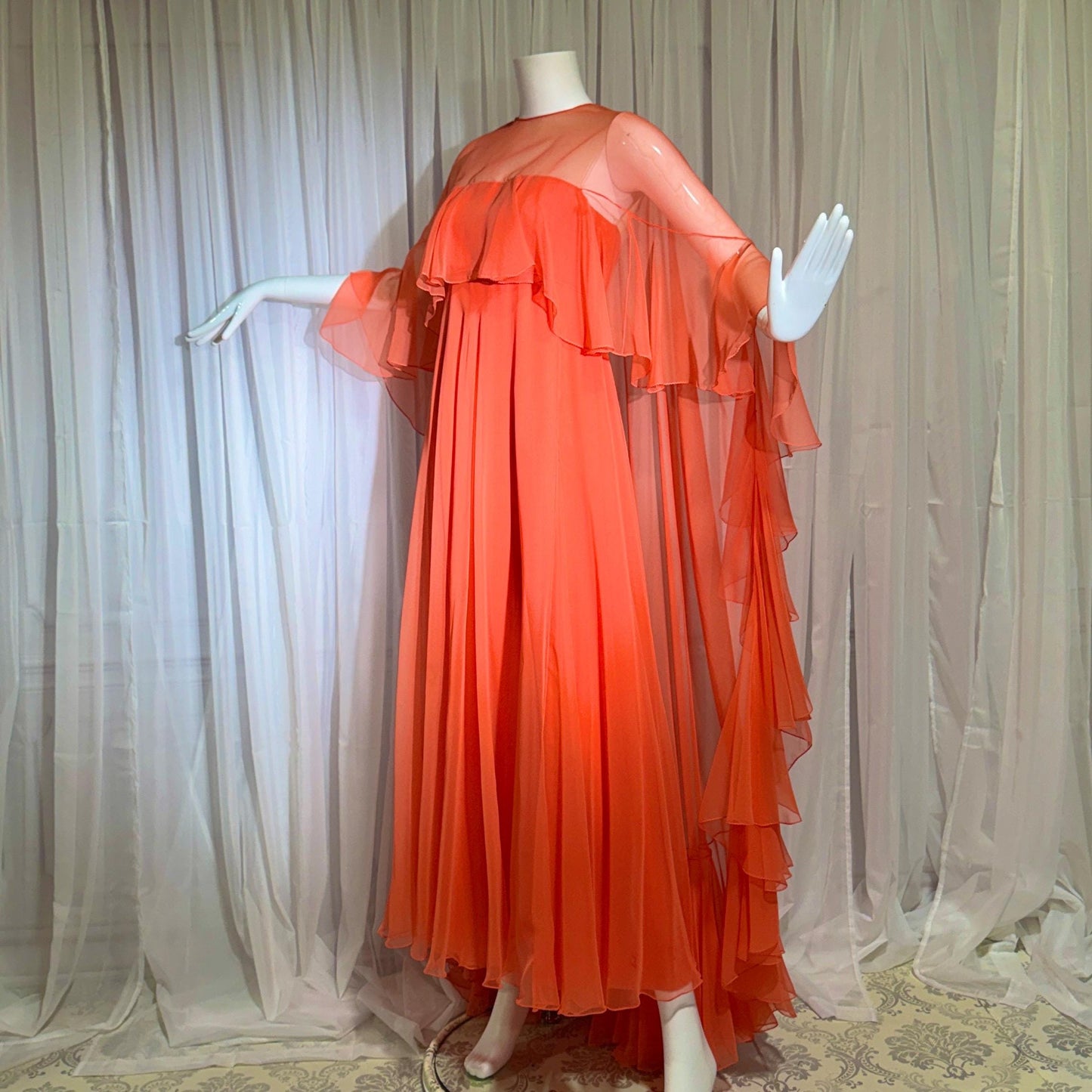 RIZKALLAH MALCOLM STARR evening dress gown, vintage 1970s Ruffle Chiffon cape dress