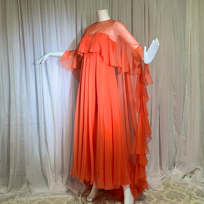 RIZKALLAH MALCOLM STARR evening dress gown, vintage 1970s Ruffle Chiffon cape dress