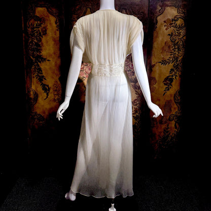 TULA vintage 1940s Nightgown Dressing Gown, White Grecian Goddess micro pleat lingerie dress
