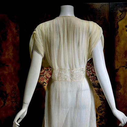 TULA vintage 1940s Nightgown Dressing Gown, White Grecian Goddess micro pleat lingerie dress