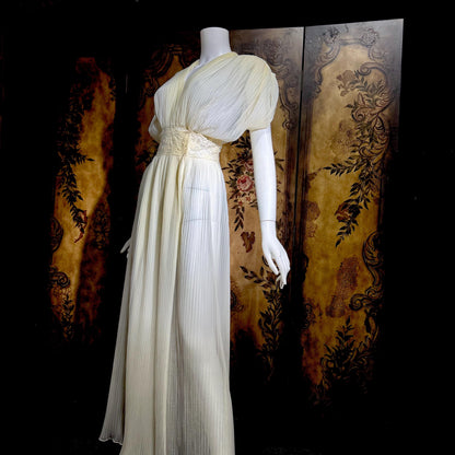 TULA vintage 1940s Nightgown Dressing Gown, White Grecian Goddess micro pleat lingerie dress