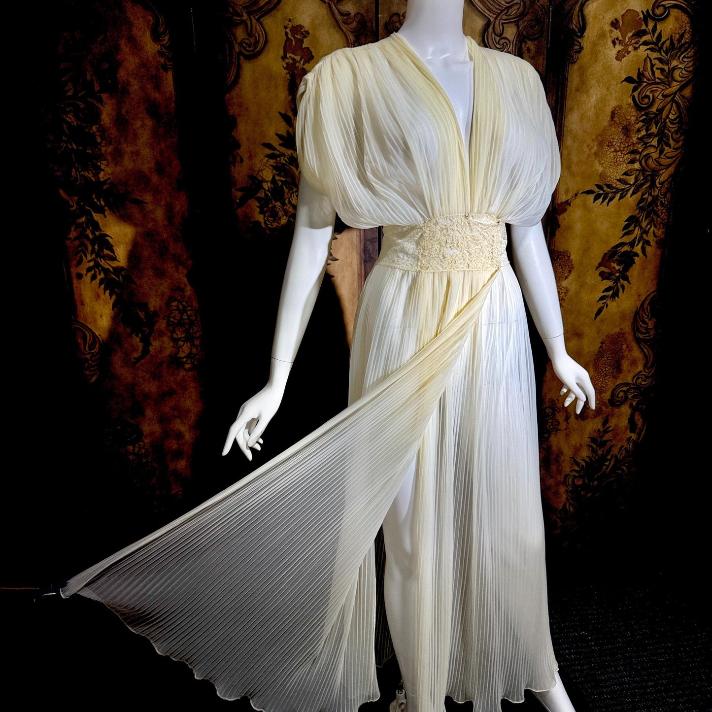 TULA vintage 1940s Nightgown Dressing Gown, White Grecian Goddess micro pleat lingerie dress