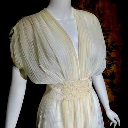 TULA vintage 1940s Nightgown Dressing Gown, White Grecian Goddess micro pleat lingerie dress