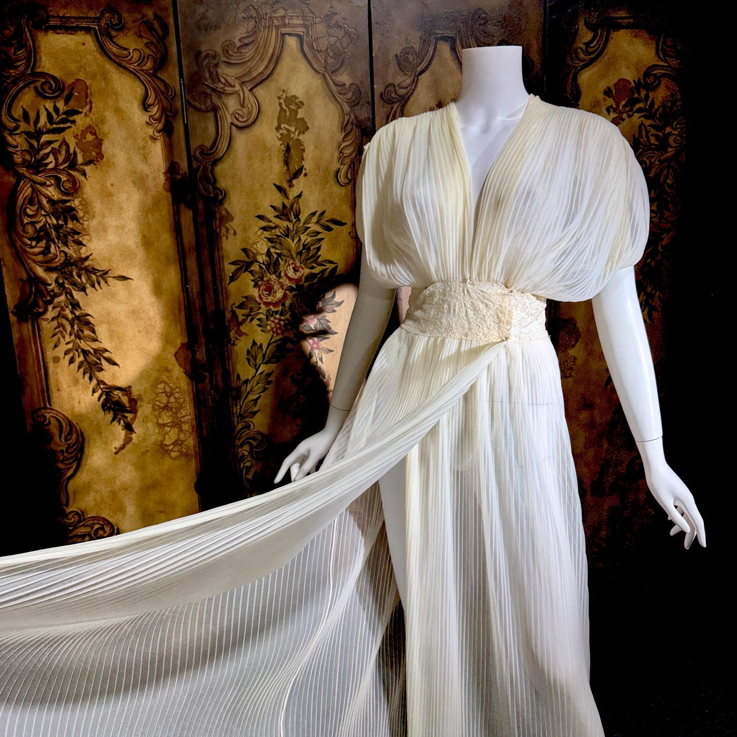 TULA vintage 1940s Nightgown Dressing Gown, White Grecian Goddess micro pleat lingerie dress