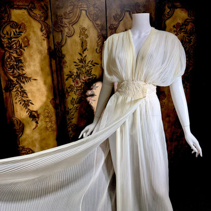 TULA vintage 1940s Nightgown Dressing Gown, White Grecian Goddess micro pleat lingerie dress