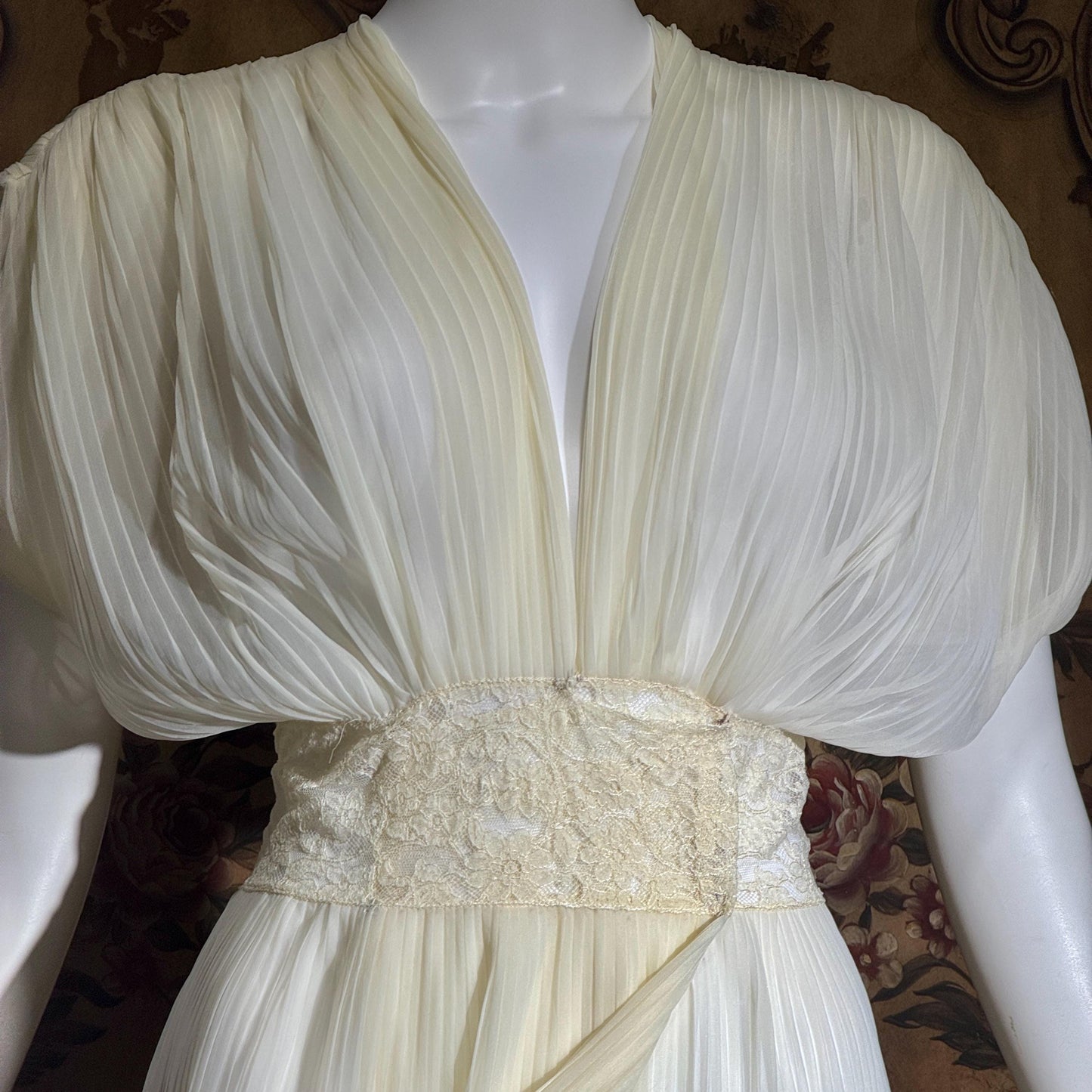 TULA vintage 1940s Nightgown Dressing Gown, White Grecian Goddess micro pleat lingerie dress