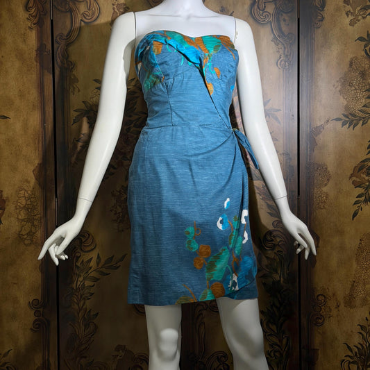 HAWAIIAN SHOP Vintage 1950s Hawaiian Sarong Dress, Blue Floral Cotton Sundress