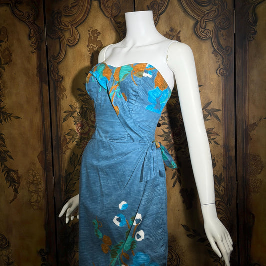 HAWAIIAN SHOP Vintage 1950s Hawaiian Sarong Dress, Blue Floral Cotton Sundress