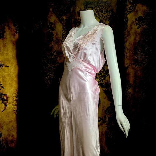 PEACOCK vintage Silk Nightgown Slip Dress, SHANGHAI Embroidered Pink Lingerie dress, Size XL Tall