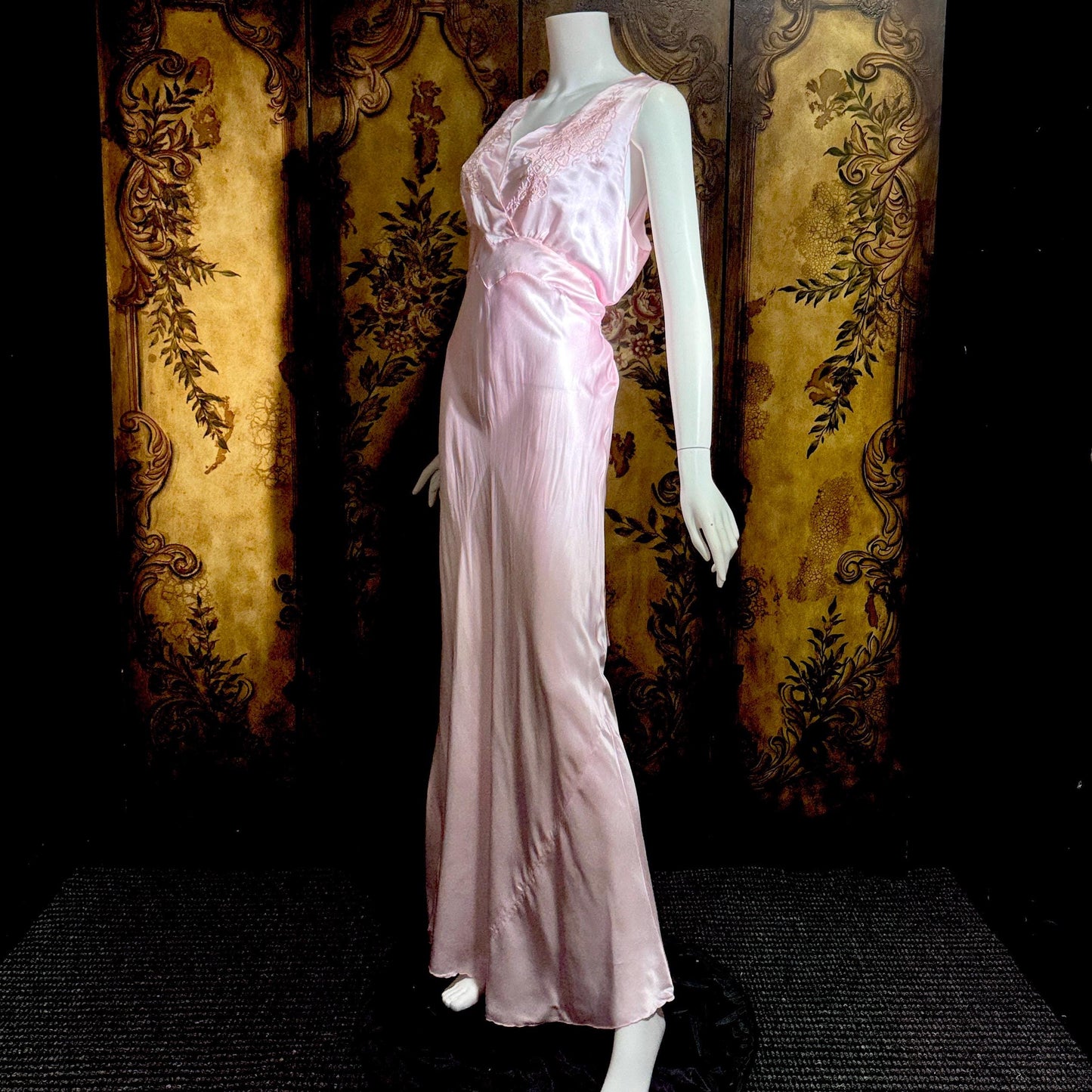 PEACOCK vintage Silk Nightgown Slip Dress, SHANGHAI Embroidered Pink Lingerie dress, Size XL Tall