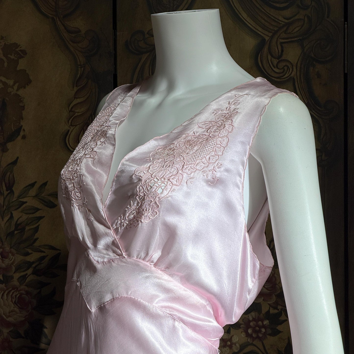 PEACOCK vintage Silk Nightgown Slip Dress, SHANGHAI Embroidered Pink Lingerie dress, Size XL Tall