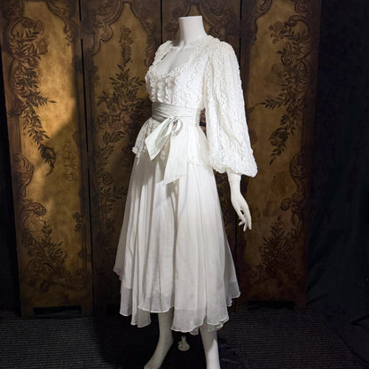 BONNIE STRAUSS Vintage 1970s dress, White Cotton Ruffle Dress Bishop Sleeves