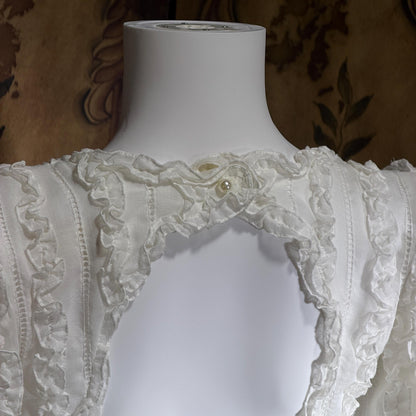 BONNIE STRAUSS Vintage 1970s dress, White Cotton Ruffle Dress Bishop Sleeves
