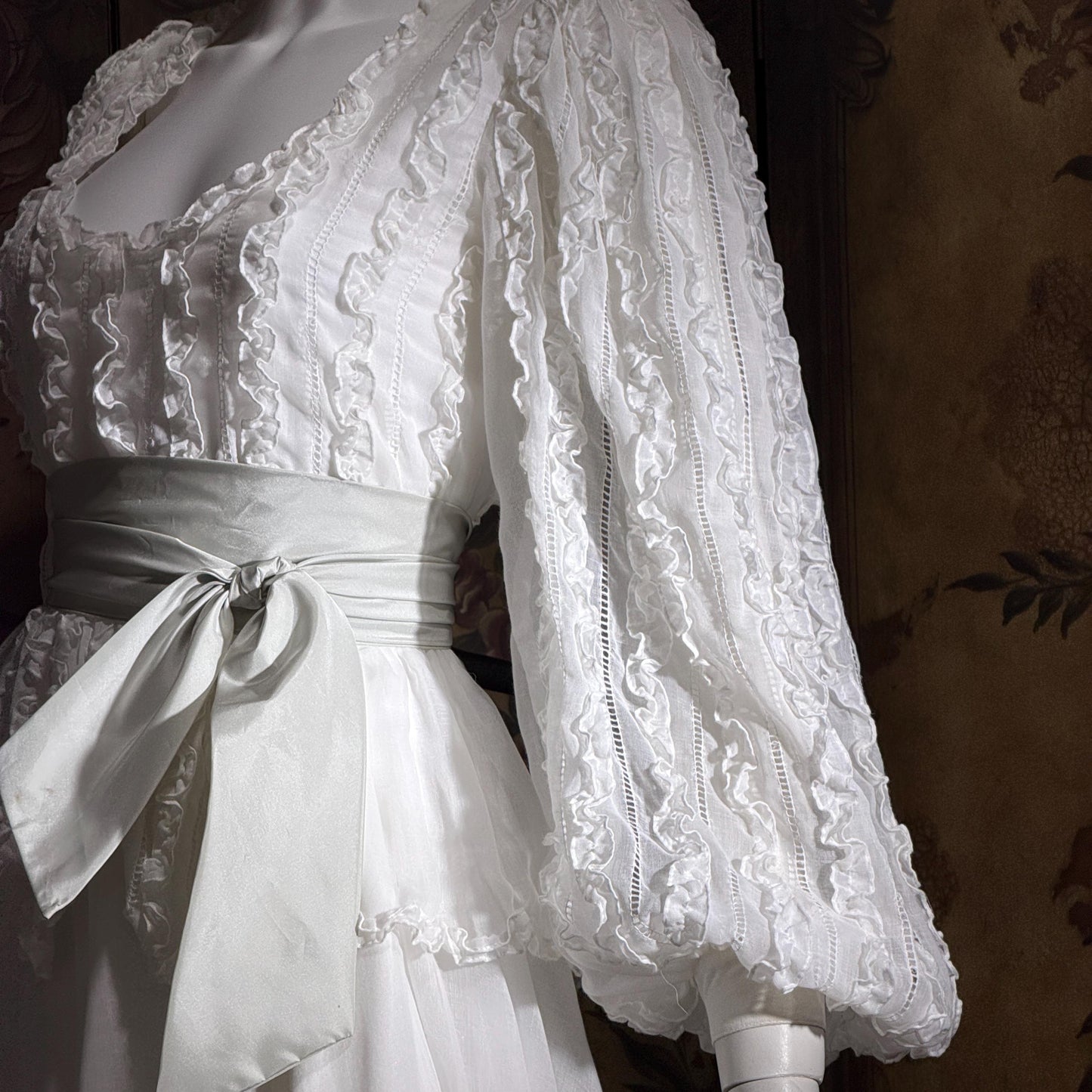 BONNIE STRAUSS Vintage 1970s dress, White Cotton Ruffle Dress Bishop Sleeves