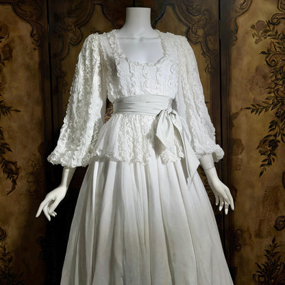 BONNIE STRAUSS Vintage 1970s dress, White Cotton Ruffle Dress Bishop Sleeves