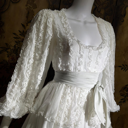 BONNIE STRAUSS Vintage 1970s dress, White Cotton Ruffle Dress Bishop Sleeves