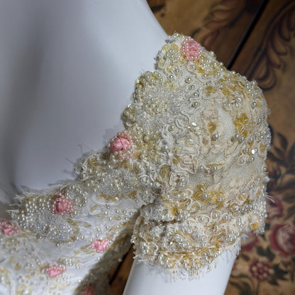 1980s Vintage Wedding Dress, Basque waist and tulle skirt Rosettes sequins and beads Ball Gown