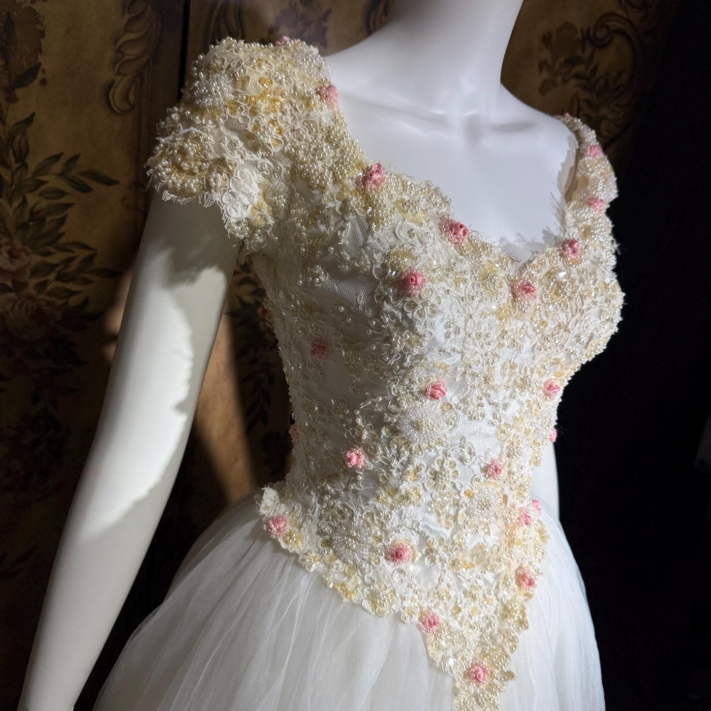 1980s Vintage Wedding Dress, Basque waist and tulle skirt Rosettes sequins and beads Ball Gown