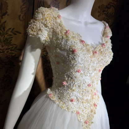 1980s Vintage Wedding Dress, Basque waist and tulle skirt Rosettes sequins and beads Ball Gown
