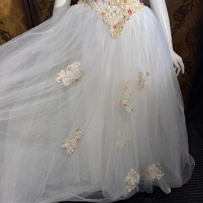 1980s Vintage Wedding Dress, Basque waist and tulle skirt Rosettes sequins and beads Ball Gown