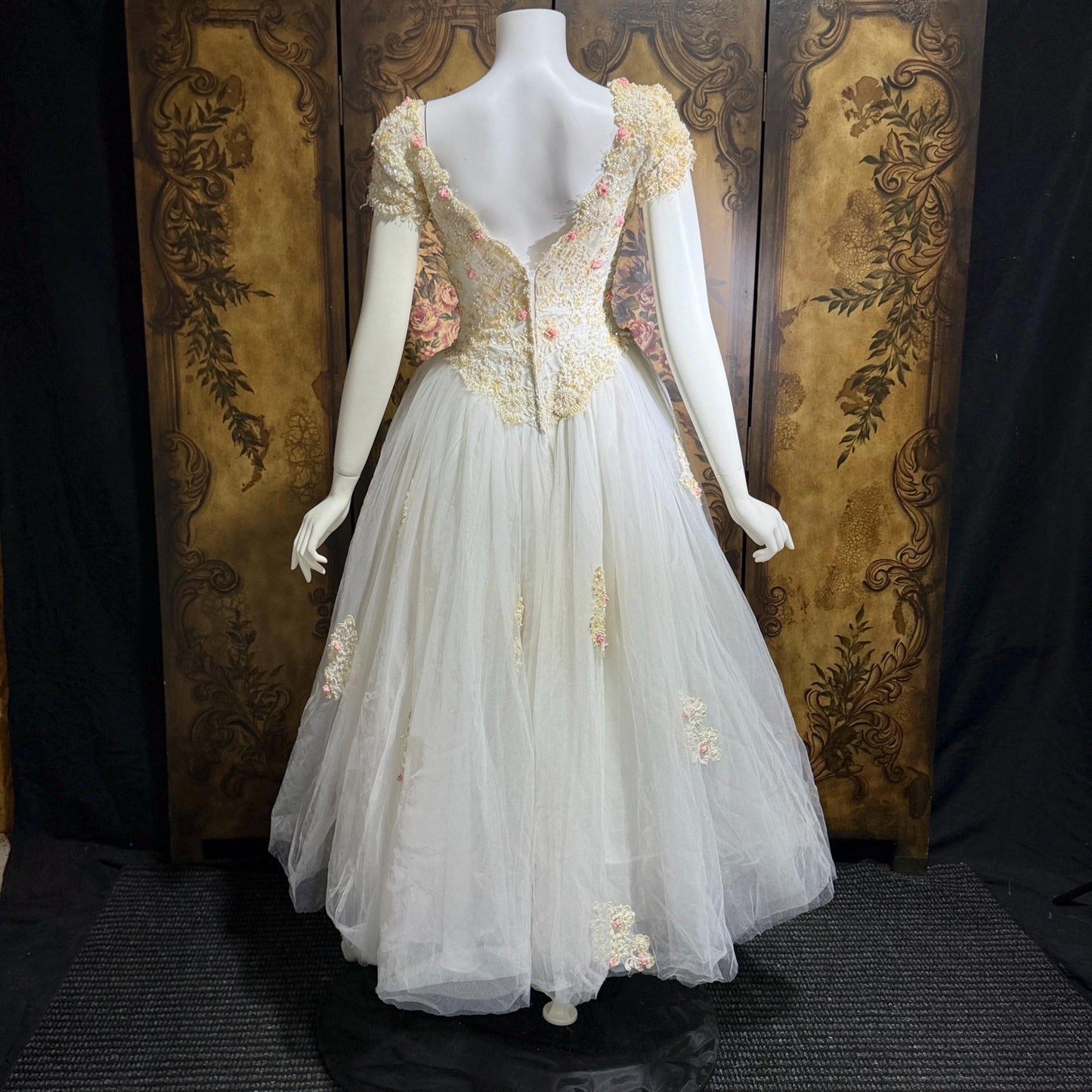 1980s Vintage Wedding Dress, Basque waist and tulle skirt Rosettes sequins and beads Ball Gown