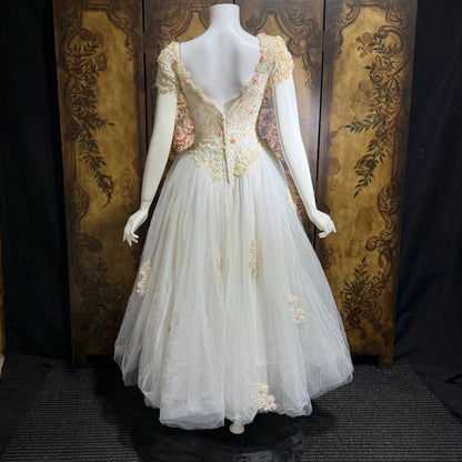1980s Vintage Wedding Dress, Basque waist and tulle skirt Rosettes sequins and beads Ball Gown