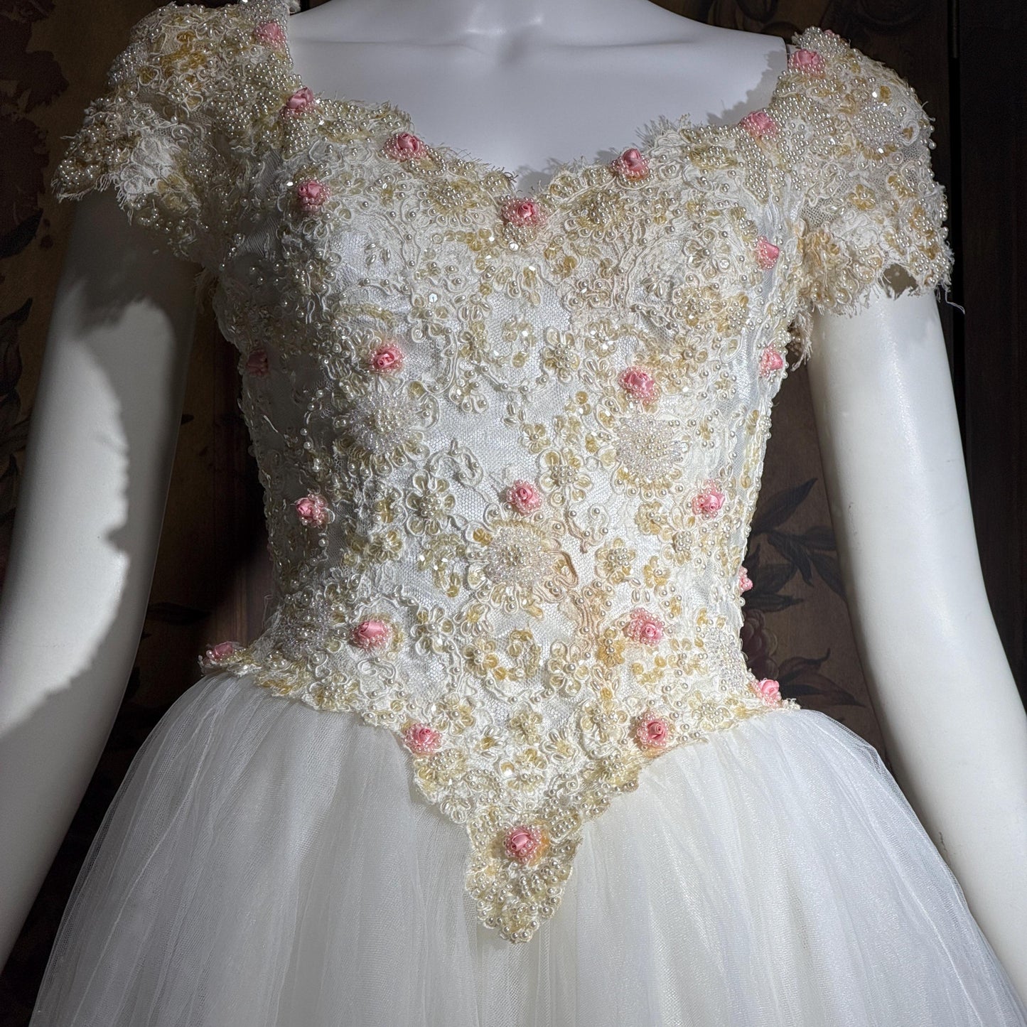 1980s Vintage Wedding Dress, Basque waist and tulle skirt Rosettes sequins and beads Ball Gown