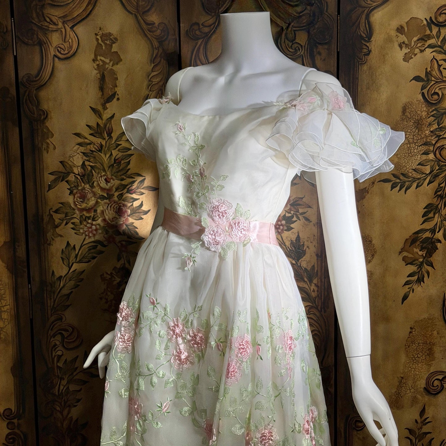 BIANCHI vintage wedding dress gown, 1960s white embroidered floral off should bridal gown