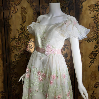 BIANCHI vintage wedding dress gown, 1960s white embroidered floral off should bridal gown