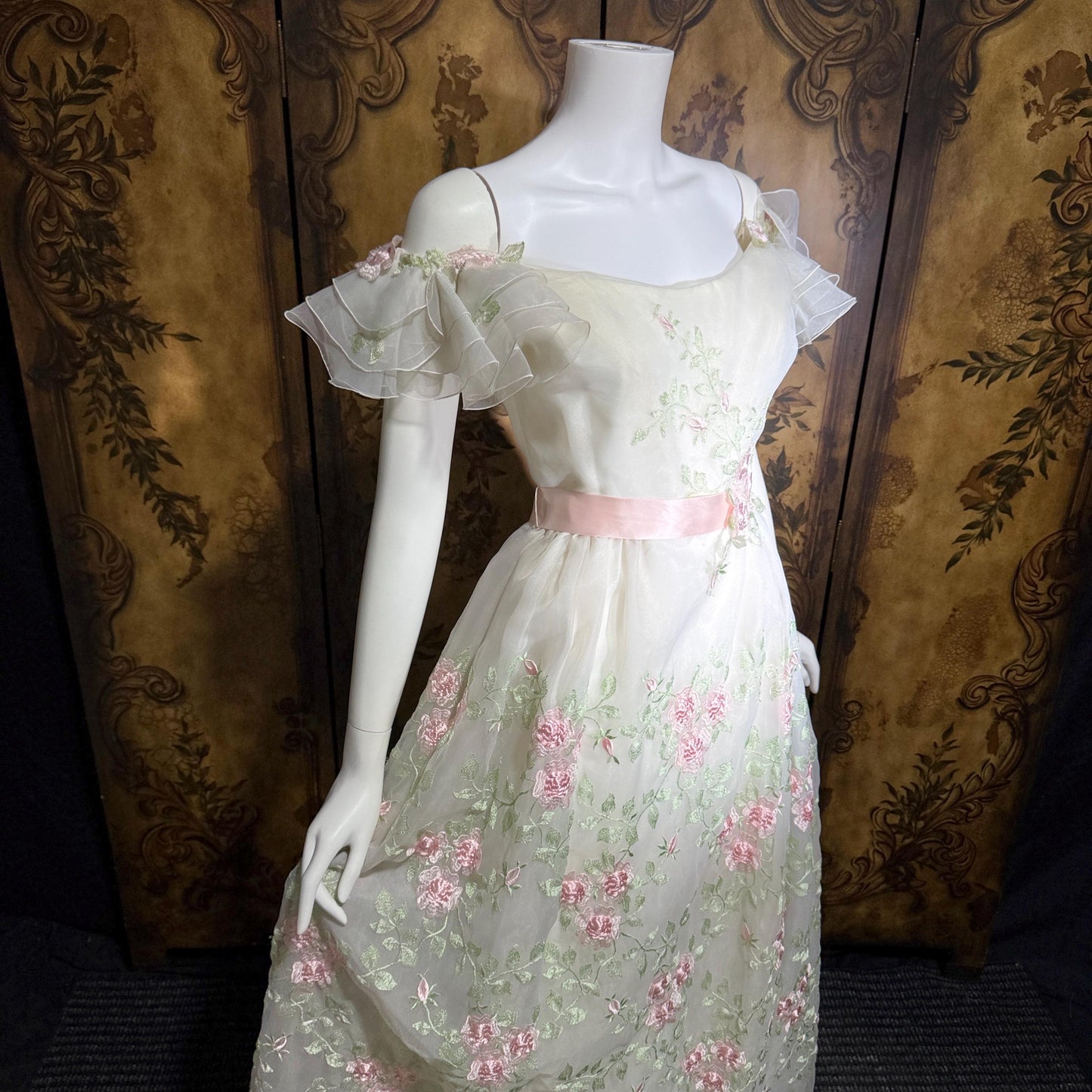 BIANCHI vintage wedding dress gown, 1960s white embroidered floral off should bridal gown