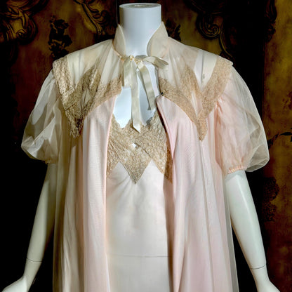 SAKS FIFTH AVENUE Vintage 1950s peignoir set, Dusty Pink chiffon bridal nightgown lingerie slip dress and robe