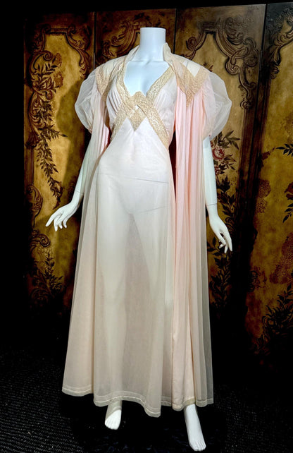 SAKS FIFTH AVENUE Vintage 1950s peignoir set, Dusty Pink chiffon bridal nightgown lingerie slip dress and robe