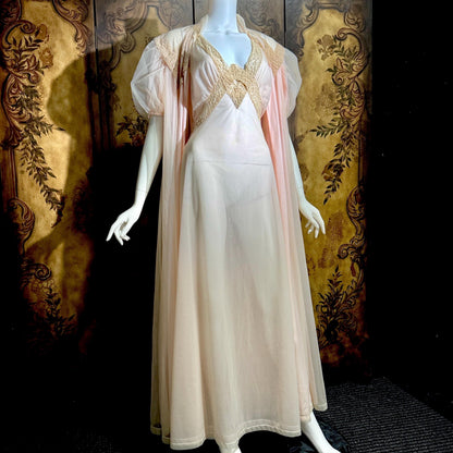 SAKS FIFTH AVENUE Vintage 1950s peignoir set, Dusty Pink chiffon bridal nightgown lingerie slip dress and robe