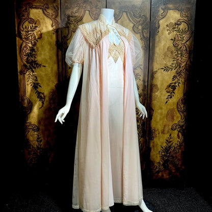 SAKS FIFTH AVENUE Vintage 1950s peignoir set, Dusty Pink chiffon bridal nightgown lingerie slip dress and robe
