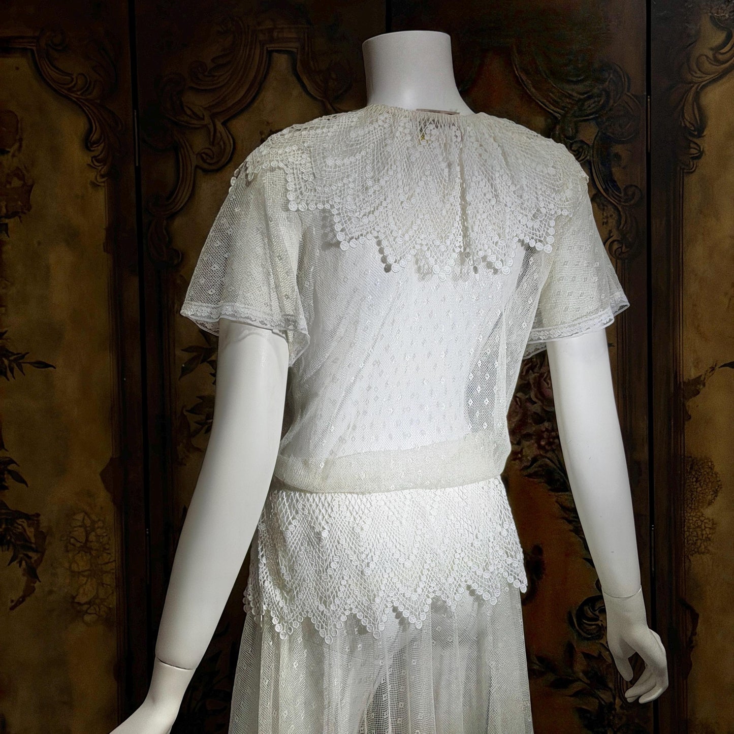JESSICA MCCLINTOCK Vintage 1970s dress, Sheer White Net Blouson Peplum wedding dress Dress