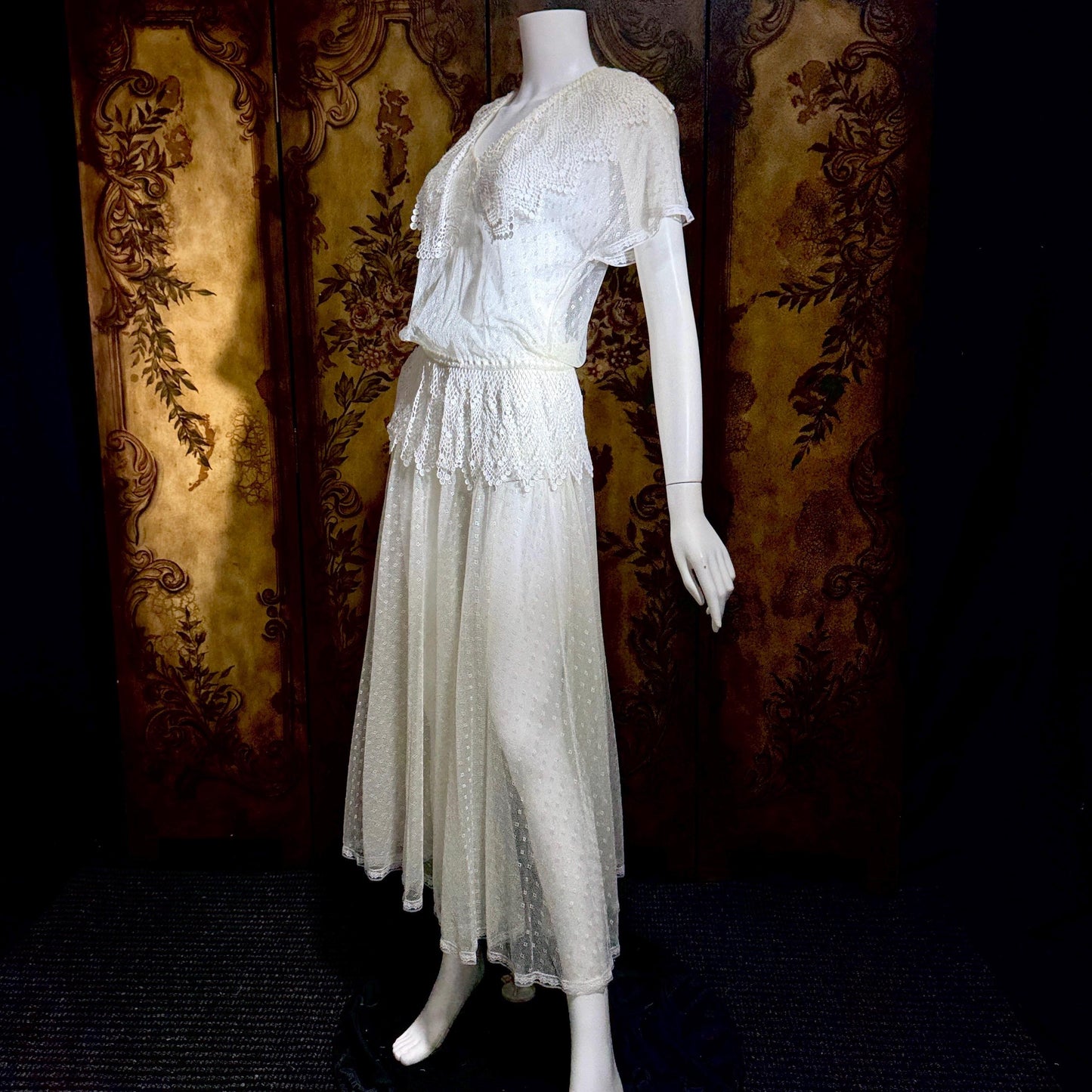 JESSICA MCCLINTOCK Vintage 1970s dress, Sheer White Net Blouson Peplum wedding dress Dress