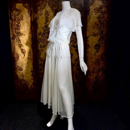 JESSICA MCCLINTOCK Vintage 1970s dress, Sheer White Net Blouson Peplum wedding dress Dress