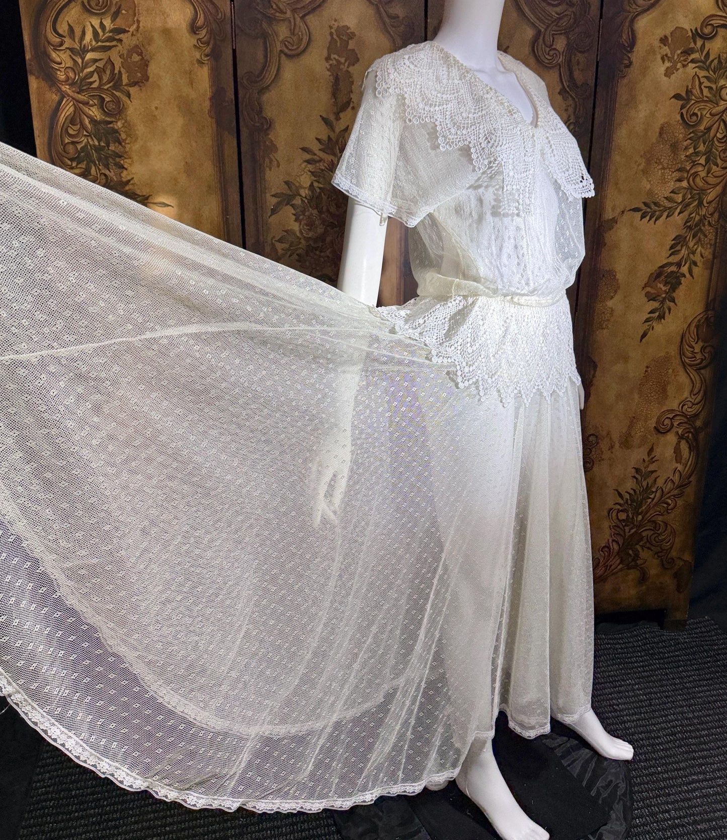 JESSICA MCCLINTOCK Vintage 1970s dress, Sheer White Net Blouson Peplum wedding dress Dress