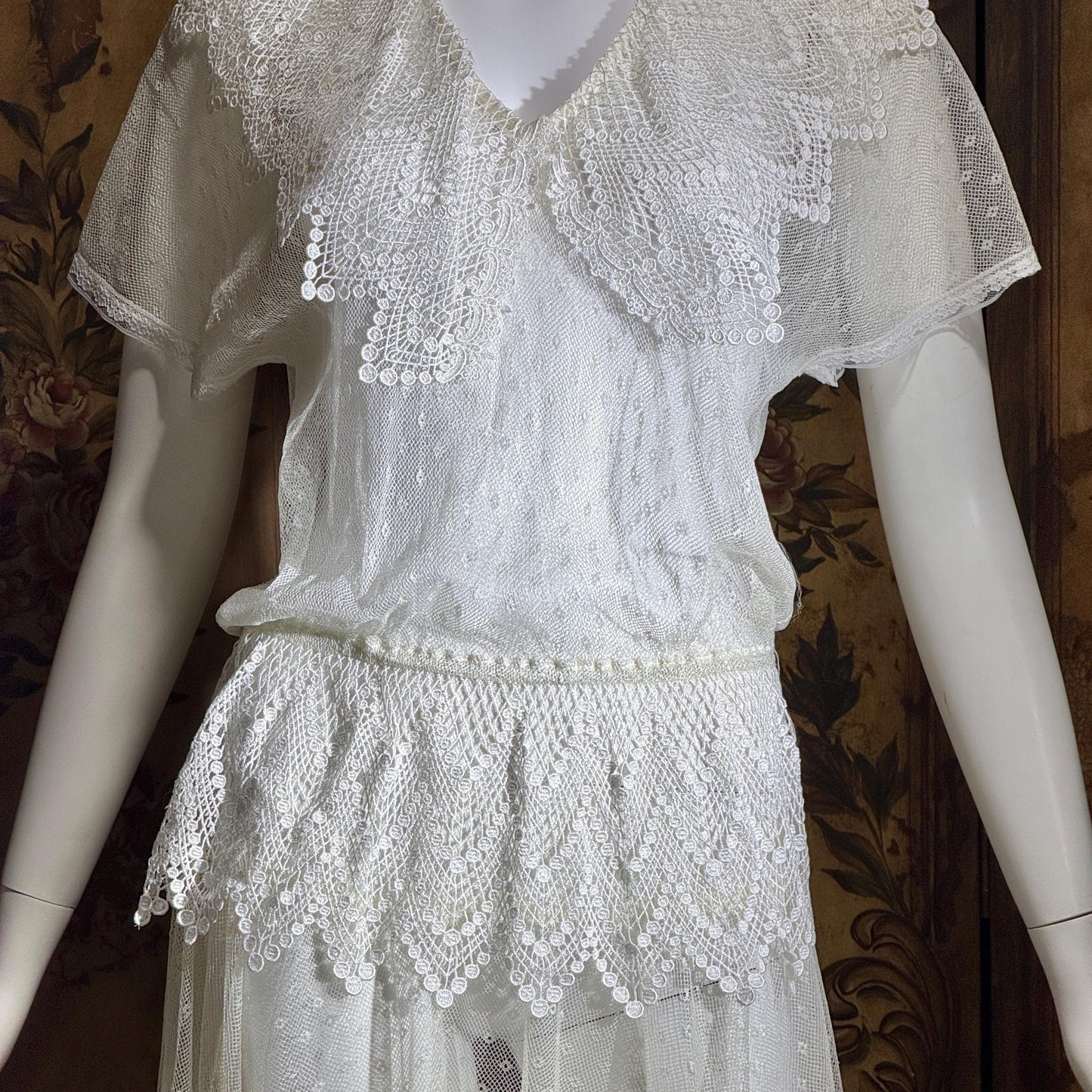 JESSICA MCCLINTOCK Vintage 1970s dress, Sheer White Net Blouson Peplum wedding dress Dress