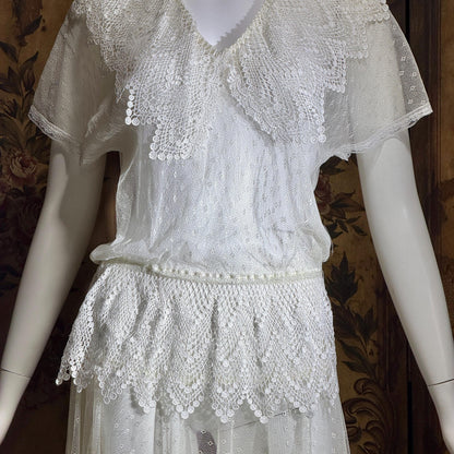 JESSICA MCCLINTOCK Vintage 1970s dress, Sheer White Net Blouson Peplum wedding dress Dress