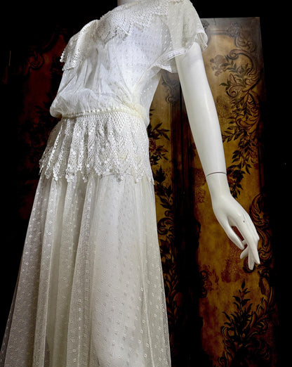 JESSICA MCCLINTOCK Vintage 1970s dress, Sheer White Net Blouson Peplum wedding dress Dress