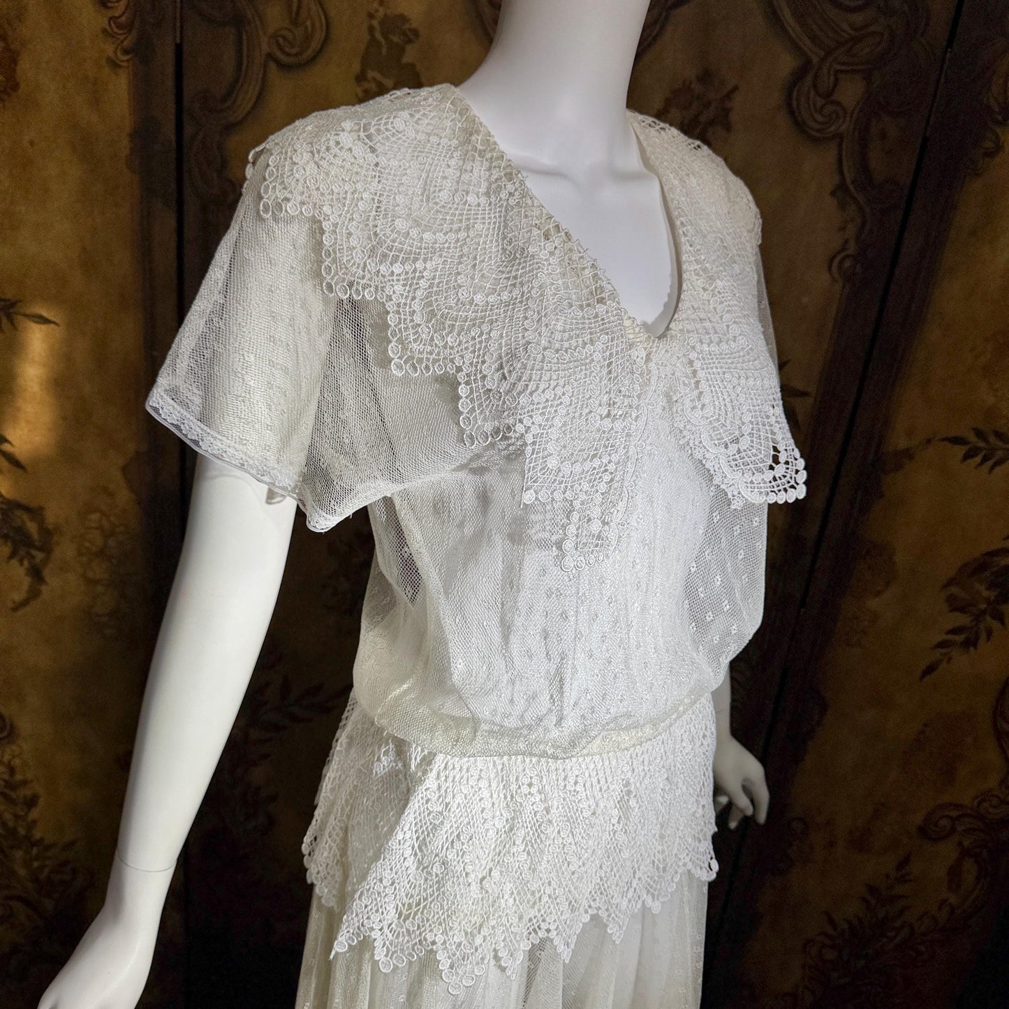 JESSICA MCCLINTOCK Vintage 1970s dress, Sheer White Net Blouson Peplum wedding dress Dress