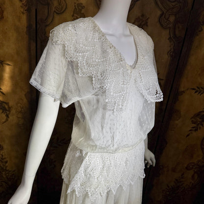 JESSICA MCCLINTOCK Vintage 1970s dress, Sheer White Net Blouson Peplum wedding dress Dress
